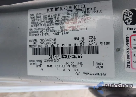 2012 Ford Fusion Sel z USA, uszkodzony, nr VIN 3FAHP0JG3CR436765